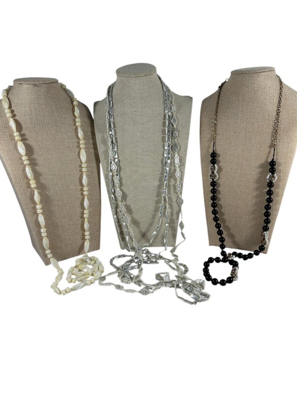 Lot 3 Long Tunic Length Beaded Necklaces Black White Acrylic Retro Coastal Chic